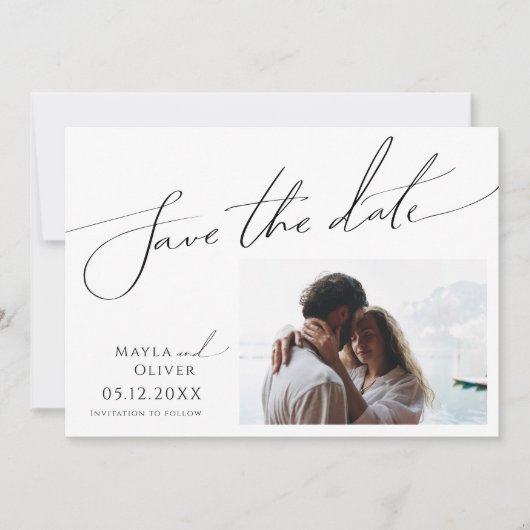 Horizontale foto van miniatuurscript met miniatuur save the date (Voorkant)