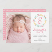 Horizontale geboorte van Floral Wreath Monogram Aankondiging (Voorkant / Achterkant)