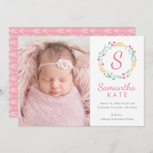 Horizontale geboorte van Floral Wreath Monogram Aankondiging (Voorkant / Achterkant)