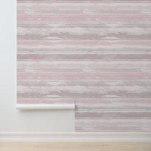 Horizontale geschetste artistieke lijnen roze kleu behang