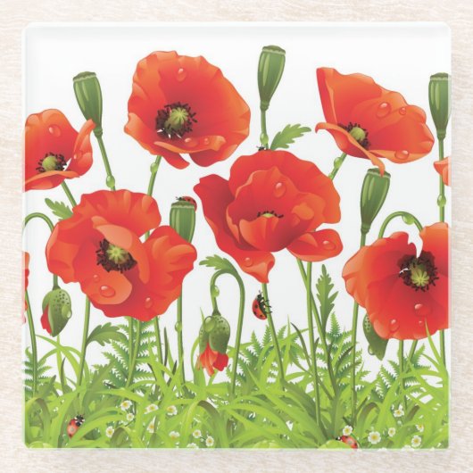 Horizontale grens met rode papaver glazen onderzetter (Voorkant)