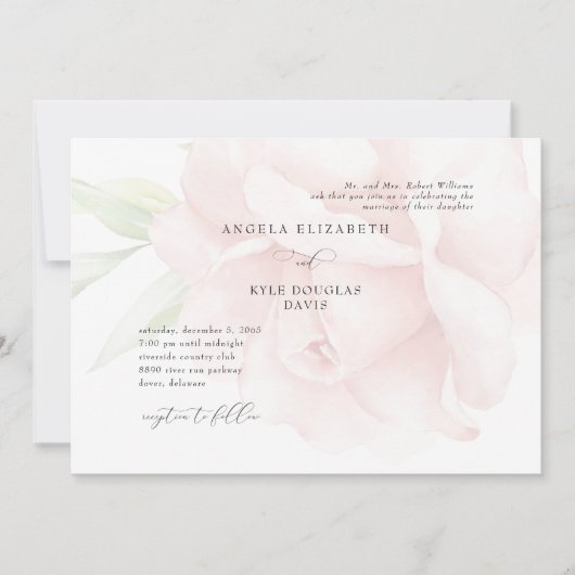 Horizontale Romantische Blush Roos Blossom Bruilof Kaart (Voorkant)