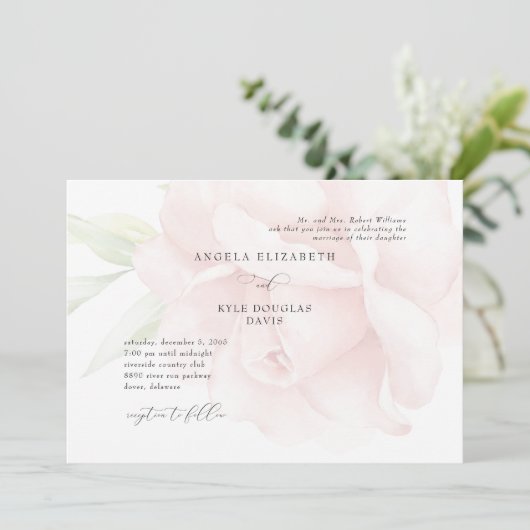 Horizontale Romantische Blush Roos Blossom Bruilof Kaart (Staand voorkant)