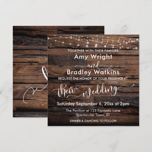 Horizontale Rustieke Hout & Lichte Koorden Bruilof Kaart (Voorkant / Achterkant)