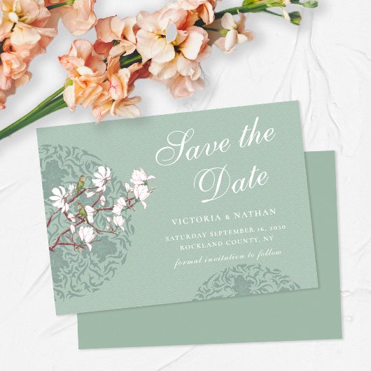 Horizontale  Sage Green Chinoiserie Save The Date