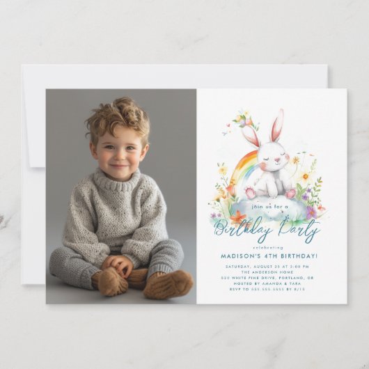 Horizontale Schattigee Witte Konijn en Regenboog V Kaart (Voorkant)