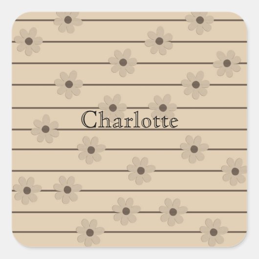 Horizontale Streep Bruin Kaki Bloem Y2K Patroon Vierkante Sticker (Voorkant)