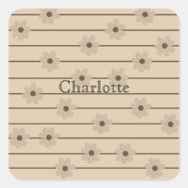 Horizontale Streep Bruin Kaki Bloem Y2K Patroon Vierkante Sticker