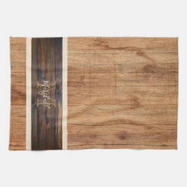 Horizontale streep tan monogram met ruw hout theedoek