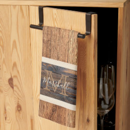 Horizontale streep tan monogram met ruw hout theedoek