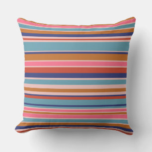 Horizontale strepen blauw roze terracotta retro buitenkussen