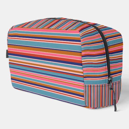 Horizontale strepen blauw roze terracotta retro toilettasje (Rechterhoek)