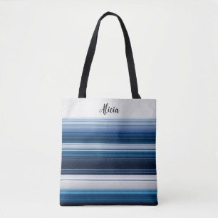 Horizontale strepen in blauw wit grijs tote bag