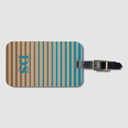 Horizontale Stripes Bruin- en Blauw Monogram Bagagelabel (Voorkant (horizontaal))