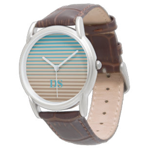 Horizontale Stripes Bruin- en Blauw Monogram Horloge