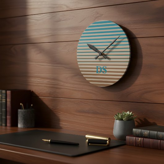Horizontale Stripes Bruin- en Blauw Monogram Ronde Klok