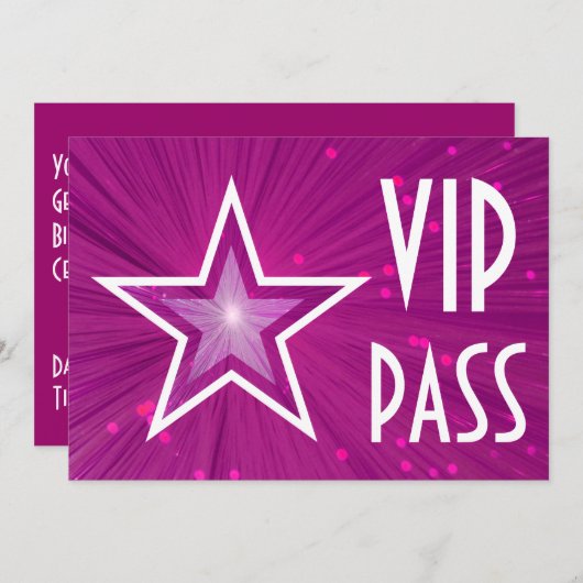 Horizontale uitnodiging voor roze Star 'VIP PASS' (Voorkant / Achterkant)
