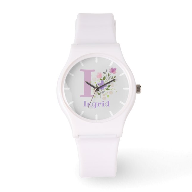 Horloge in bloemontwerp met naam Ingrid & initiaal (Voorkant)