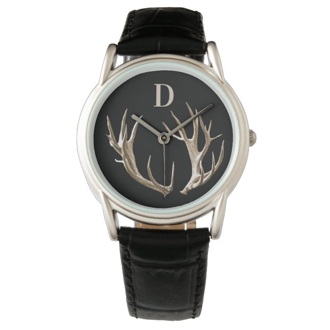 Horloge met monogram en hertengewei als cadeau voo (Voorkant)