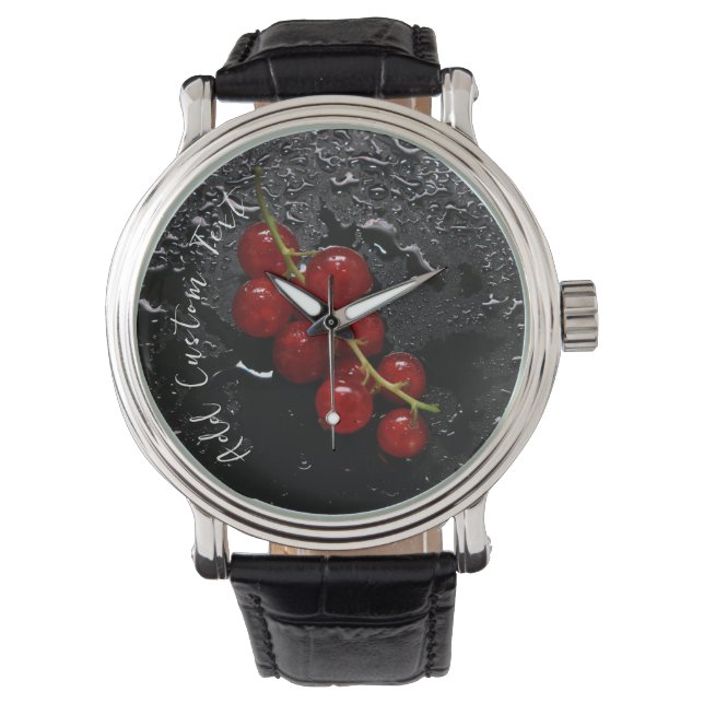 Horloge met rode bessen patroon zwarte achtergrond (Voorkant)