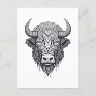 Horned Bison Buffalo Black en White Portret Briefkaart