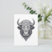 Horned Bison Buffalo Black en White Portret Briefkaart (Staand voorkant)