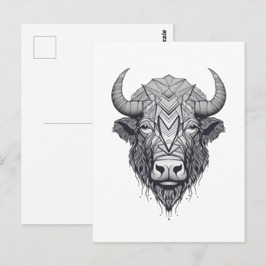Horned Bison Buffalo Black en White Portret Briefkaart (Voorkant / Achterkant)