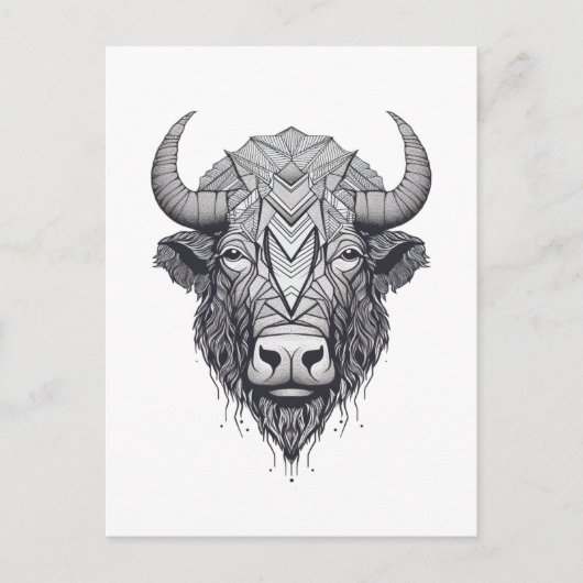 Horned Bison Buffalo Black en White Portret Briefkaart (Voorkant)