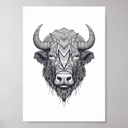 Horned Bison Buffalo Black en White Portret Poster (Voorkant)