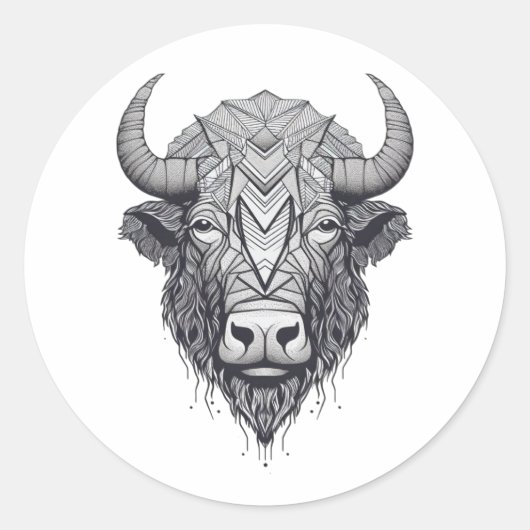 Horned Bison Buffalo Black en White Portret Ronde Sticker (Voorkant)