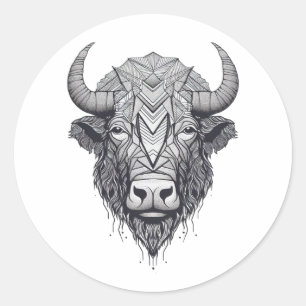 Horned Bison Buffalo Black en White Portret Ronde Sticker