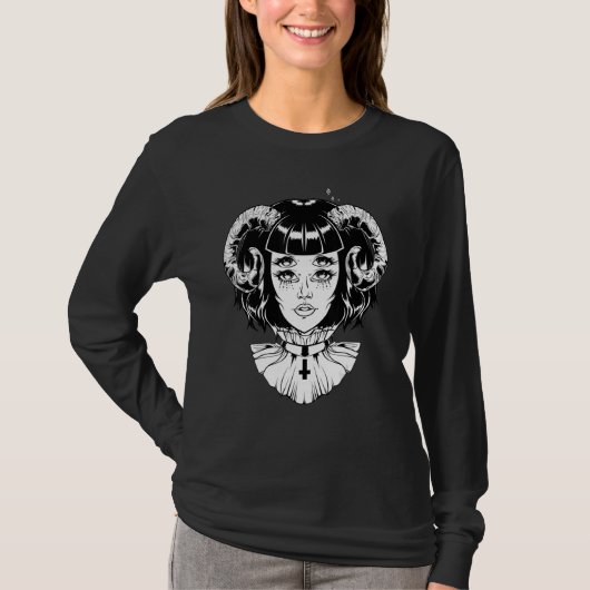 Horned Devil Satanic Halloween Glitch Goth Emo Pun T-shirt (Voorkant)
