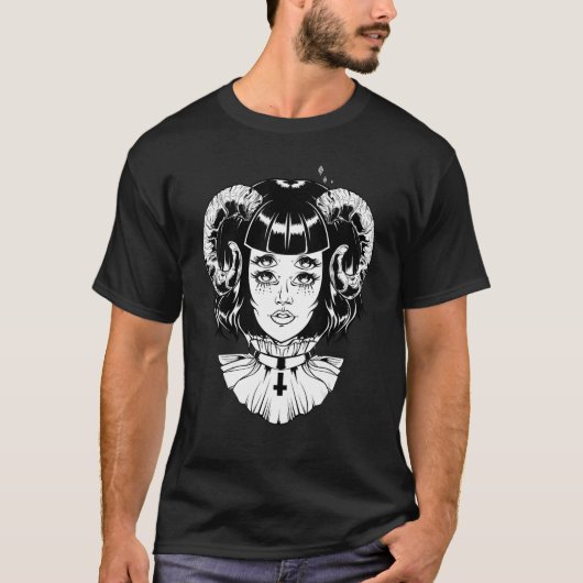 Horned Devil Satanic Halloween Glitch Gothic Emo P T-shirt (Voorkant)