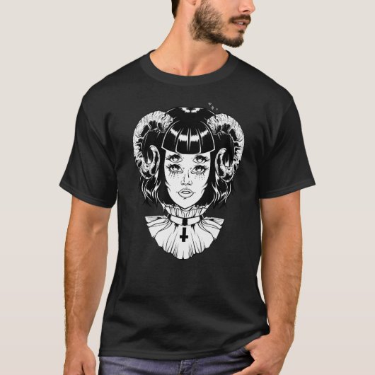 Horned Devil Satanic Halloween Glitch Gothic Emo P T-shirt (Voorkant)