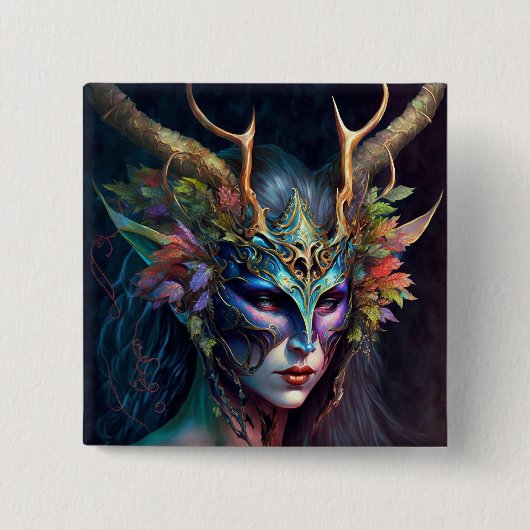 Horned Elf Woman Fantasy Art Button (Voorkant)