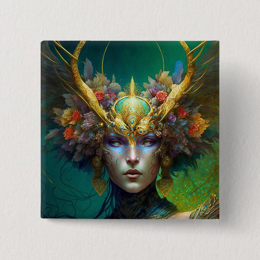 Horned Elf Woman Fantasy Art Button (Voorkant)