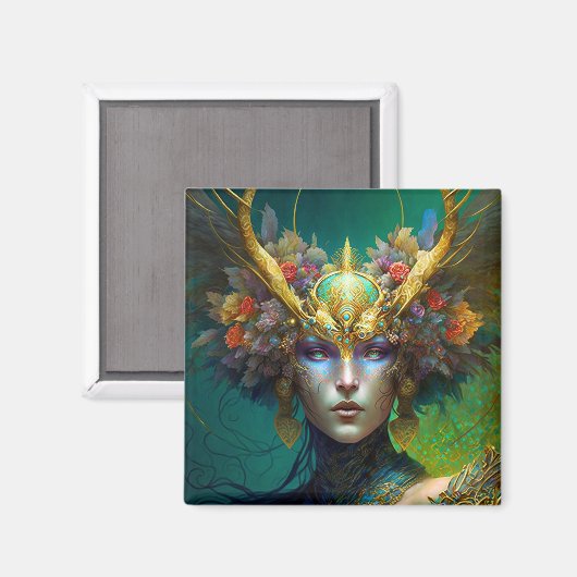 Horned Elf Woman Fantasy Art Magnet (Voorkant / Achterkant)