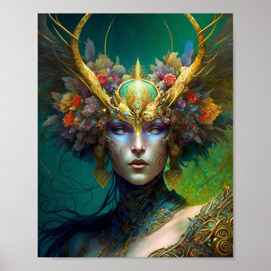Horned Elf Woman Fantasy Art Poster (Voorkant)