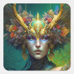 Horned Elf Woman Fantasy Art Square Sticker