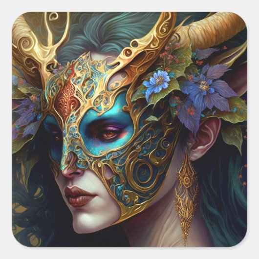Horned Elf Woman Fantasy Art Vierkante Sticker (Voorkant)