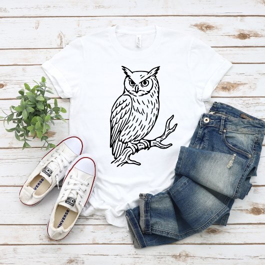 Horned Owl on Branch Line Art T-shirt
