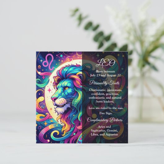 Horoscoopteken Leo info | Kleurrijke Lion Art (Staand voorkant)