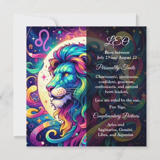 Horoscoopteken Leo info | Kleurrijke Lion Art (Voorkant)