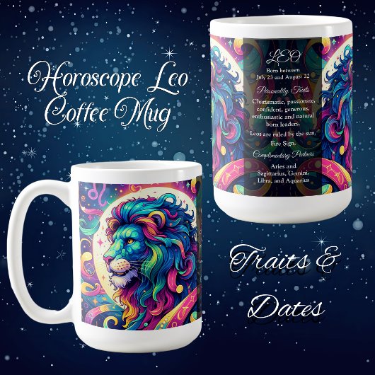 Horoscoopteken Leo info | Kleurrijke Lion Art Koffiemok