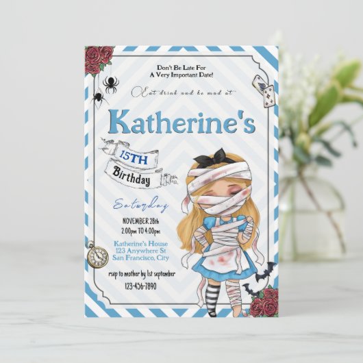Horror Alice in wonderland Verjaardagsuitnodiging Kaart (Staand voorkant)