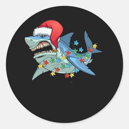 Horror Angry Shark Santa Hat Kerstverlichting Kers Ronde Sticker (Voorkant)