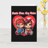 Horror Koppel Smile Now Cry Later Chicano Valentij Kaart (Gele Bloem)