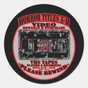 Horror Movies V.H.S Horror Titels A-D Black White Ronde Sticker