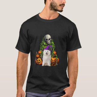 Horror skelet en Samoyed als heks Halloween Pum T-shirt
