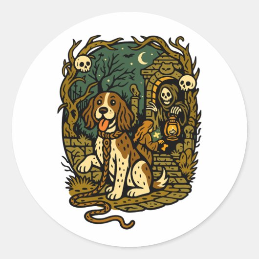 Horror Spooky Skeleton Dog Aesthetic Ronde Sticker (Voorkant)